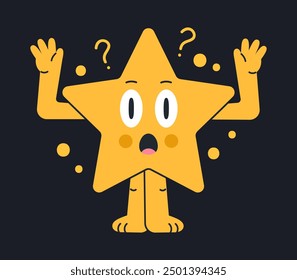 Geometric star mascot. Funny star character, cute comic star shape with facial emotions flat vector illustration. Cartoon star mascot with humorous face