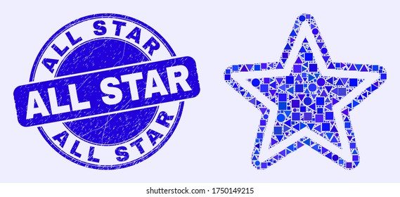 Geometric star mosaic icon and All Star seal stamp. Blue vector rounded grunge stamp with All Star message. Abstract mosaic of star organized of spheric, triangles, square geometric elements.