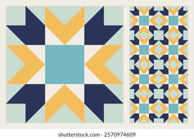 Geometric Star Pattern, Bold and Colorful Quilt Design with Repeating Motif, seamless vector pattern, abstract geometric background. Traditional barn star-shaped patchwork quilt block