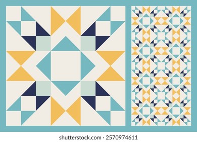 Geometric Star Pattern, Bold and Colorful Quilt Design with Repeating Motif, seamless vector pattern, abstract geometric background. Traditional barn star-shaped patchwork quilt block