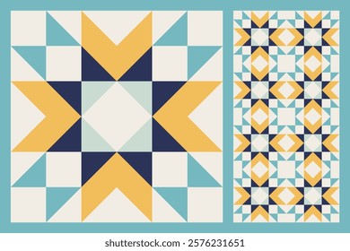 Geometric Star Pattern, Bold and Colorful Quilt Design with Repeating Motif, seamless vector pattern, abstract geometric background. Traditional barn star-shaped patchwork quilt block