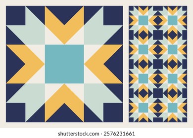 Geometric Star Pattern, Bold and Colorful Quilt Design with Repeating Motif, seamless vector pattern, abstract geometric background. Traditional barn star-shaped patchwork quilt block