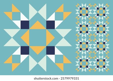 Geometric Star Pattern, Bold and Colorful Quilt Design with Repeating Motif, seamless vector pattern, abstract geometric background. Traditional barn star-shaped patchwork quilt block