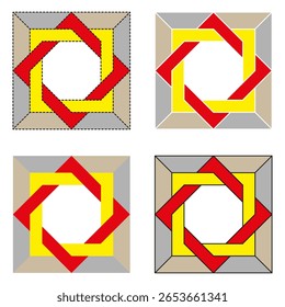 Padrão estelar geométrico. Design amarelo vermelho e negrito. Símbolo de forma entrelaçada. Trabalho artístico abstrato vetorial. EPS 10.