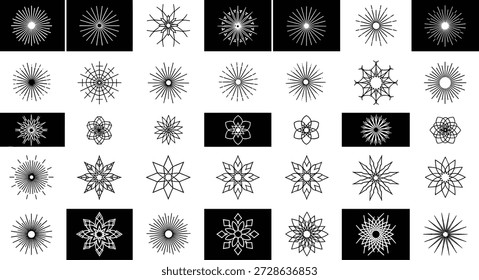   
Colección geométrica del patrón de la estrella con los diseños simétricos, Formas radiales, motivos del copo de nieve, formas abstractas, gráficos blancos y negros, simetría visual, Elementos decorativos, arte matemático