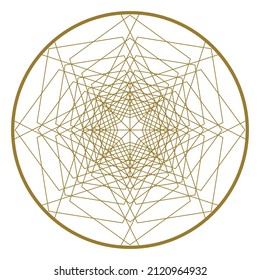 Geometric star pattern inside a circle with crossing straight gold lines forming a symmetrical web design on a white background, vector illustration