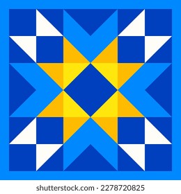 Geometric star pattern inspired by duvet patchwork quilting. Yellow and blue abstract background in Ukrainian traditional colors. Seamless vector pattern. Quilt block template. Floor ceramic tiles.