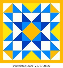 Geometric star pattern inspired by duvet patchwork quilting. Yellow and blue abstract background in Ukrainian traditional colors. Seamless vector pattern. Quilt block template. Floor ceramic tiles.