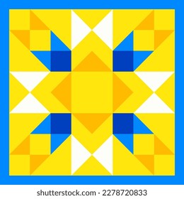 Geometric star pattern inspired by duvet patchwork quilting. Yellow and blue abstract background in Ukrainian traditional colors. Seamless vector pattern. Quilt block template. Floor ceramic tiles.