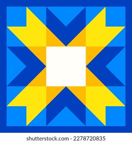 Geometric star pattern inspired by duvet patchwork quilting. Yellow and blue abstract background in Ukrainian traditional colors. Seamless vector pattern. Quilt block template. Floor ceramic tiles.