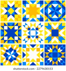 Patrón de estrella geométrica inspirado en el tejido de mosaico de mosaico. Fondo abstracto amarillo y azul en los colores tradicionales ucranianos. Patrón vectorial sin cable. Plantilla de bloque de desbordamiento. Baldosas de cerámica en el suelo.