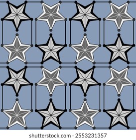 Geometric star pattern with intricate black outlines and grey shading on a blue background. Vector illustration for fabric, textile, pillow print, monochrome texture, fashion design