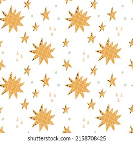 Geometric star pattern on white background. Bright background hand drawn doodle naive vector art. Cute digital paper fabric textile wallpaper