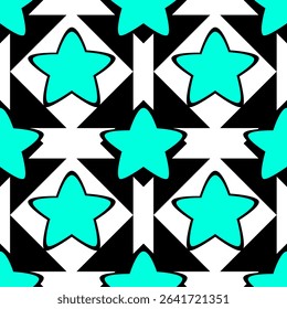 Geometric Star Pattern in Teal, Black and White.A bold and modern seamless pattern featuring teal stars and geometric shapes in contrasting black and white. Ideal for contemporary designs, textiles.