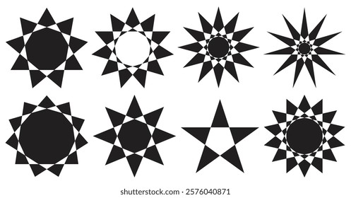 Geometric Star Patterns with Bold Black Designs. Isolated On Transparent Background.