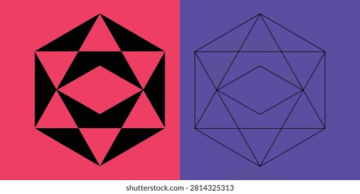 Geometric star polygon symbol in solid black and outline styles on pink and purple backgrounds for projects
