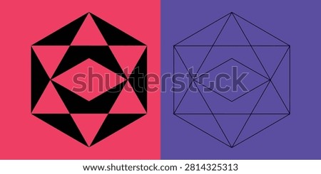 Geometric star polygon symbol in solid black and outline styles on pink and purple backgrounds for projects