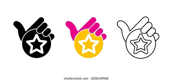 Tarjeta de forma estrella geométrica en la palma. Entregar conjunto de iconos de vector de signo de estrella. Conjunto de iconos de silueta, coloreado y lineal. Logotipo-web, elemento de diseño de iconos.