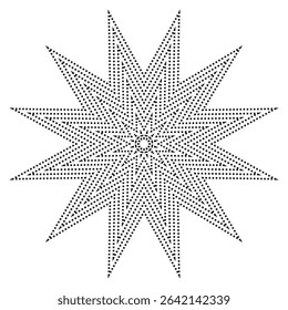Geometric star shape. Dotted visual texture. Black pixel structure. Vector spiked symbol.