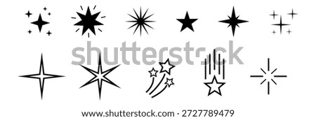 Geometric star shapes set. Sparkling star silhouette, twinkle and fireworks forms, Y2K abstract elements for decoration, logo, form, sticker, tattoo, symbol and graphic design. Vector illustration