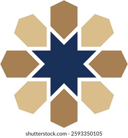 Geometric starburst design with earthy tones surrounding central navy star against white backdrop. Symmetry and balance are present.