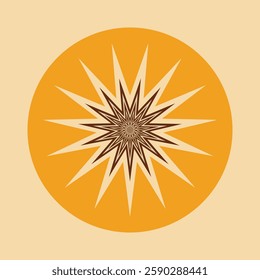 Geometric starburst design with sharp, angular lines. Starburst pattern in orange and brown. Circular starburst motif with dynamic, geometric shapes. Star element vector.