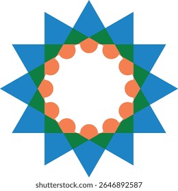 Geometric starburst design with vibrant orange circles and fresh green accents.
