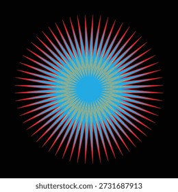 Geometric starburst graphic with sharp, radiating lines in blue, gold, and red against a solid black backdrop.