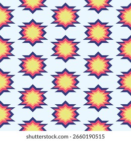 Geometric starburst pattern featuring layered shapes in yellow orange red and dark blue on a light blue background