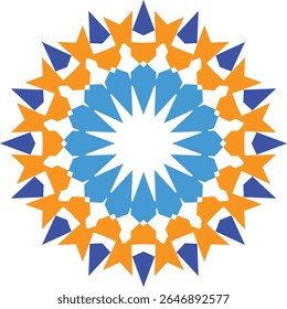 Padrão de estrela geométrica com tons vibrantes de laranja, azul e azul claro.