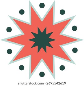 A geometric starburst with sharp edges and surrounding circles in a bold vector style. The design features a central star shape with radiating points and dots around it. Cartoon vector illustration.