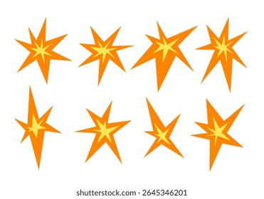 Geometric Starburst Vector Collection. A collection of eight dynamic geometric starburst shapes featuring sharp rays abstract forms and layered orange yellow contrast. Perfect for sticker pop visuals
