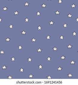 Geometric stars seamless pattern on blue background. Chaotic elements. Design for fabric, textile print, wrapping paper, childish textiles. Doodle vector illustration. 