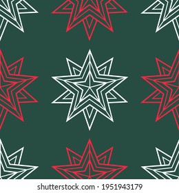 Estrellas geométricas, patrón vectorial sin fisuras, adorno de invierno navideño.