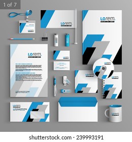 Geometric stationery template design with black and blue square diagonal shapes. Documentation for business.