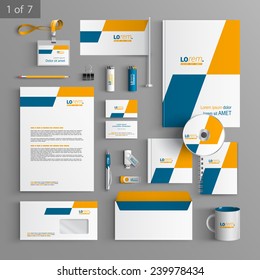 Geometric stationery template design with yellow and blue square shapes. Documentation for business.