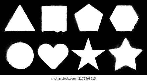 Geometric stencil spray paint shapes. Circle, triangle, square, pentagon, hexagon, heart, star. Airbrush graffiti stamps, stencil paint with rusty edges. Eps10 vector svg
