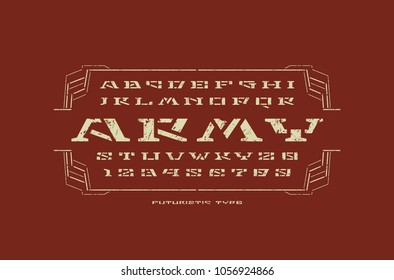Geometric stencil-plate serif font in military style. Letters and numbers with rust texture for sci-fi, military, cosmic logo and title design. White print on color background