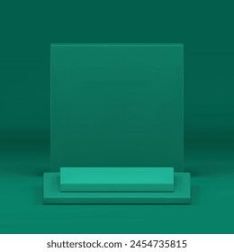 Geometric step 3d podium pedestal display platform with squared wall background realistic vector illustration. Empty green showroom showcase commercial stand for product advertising show presentation