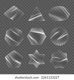 Geometric stickers. Transparent glass shapes geometrical forms decent vector sticky labels in realistic style
