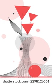 Geometric Still Life A Modern Vector Image with Abstract and Minimalist Style, Featuring a Collection of Decorative Elements, Flowers and Plants, Arranged in Geometric Shapes on a Pink Background. 
