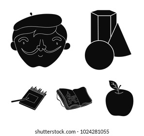 Geometric still life, a self-portrait of the artist, a notebook with drawings, a box of colored pencils.Artist and drawing set collection icons in black style vector symbol stock illustration web.