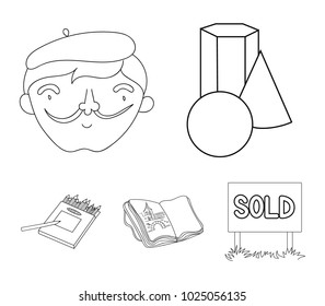 Geometric still life, a self-portrait of the artist, a notebook with drawings, a box of colored pencils. Artist and drawing set collection icons in outline style vector symbol stock illustration web.