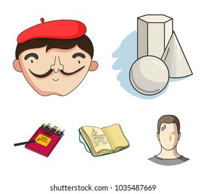 Geometric still life, a self-portrait of the artist, a notebook with drawings, a box of colored pencils.Artist and drawing set collection icons in cartoon style vector symbol stock illustration web.