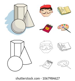 Geometric still life, a self-portrait of the artist, a notebook with drawings, a box of colored pencils.Artist and drawing set collection icons in cartoon,outline style vector symbol stock