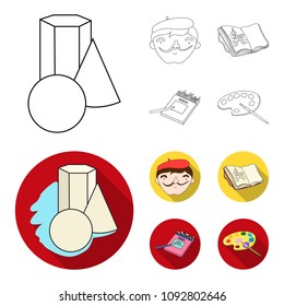 Geometric still life, a self-portrait of the artist, a notebook with drawings, a box of colored pencils.Artist and drawing set collection icons in outline,flat style vector symbol stock illustration