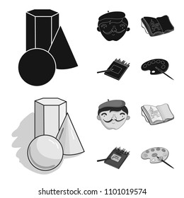 Geometric still life, a self-portrait of the artist, a notebook with drawings, a box of colored pencils.Artist and drawing set collection icons in black,monochrome style vector symbol stock