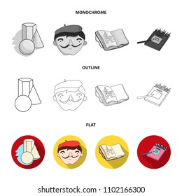 Geometric still life, a self-portrait of the artist, a notebook with drawings, a box of colored pencils.Artist and drawing set collection icons in flat,outline,monochrome style vector symbol stock
