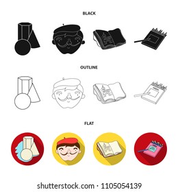 Geometric still life, a self-portrait of the artist, a notebook with drawings, a box of colored pencils.Artist and drawing set collection icons in black,flat,outline style vector symbol stock