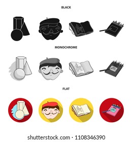 Geometric still life, a self-portrait of the artist, a notebook with drawings, a box of colored pencils.Artist and drawing set collection icons in black, flat, monochrome style vector symbol stock